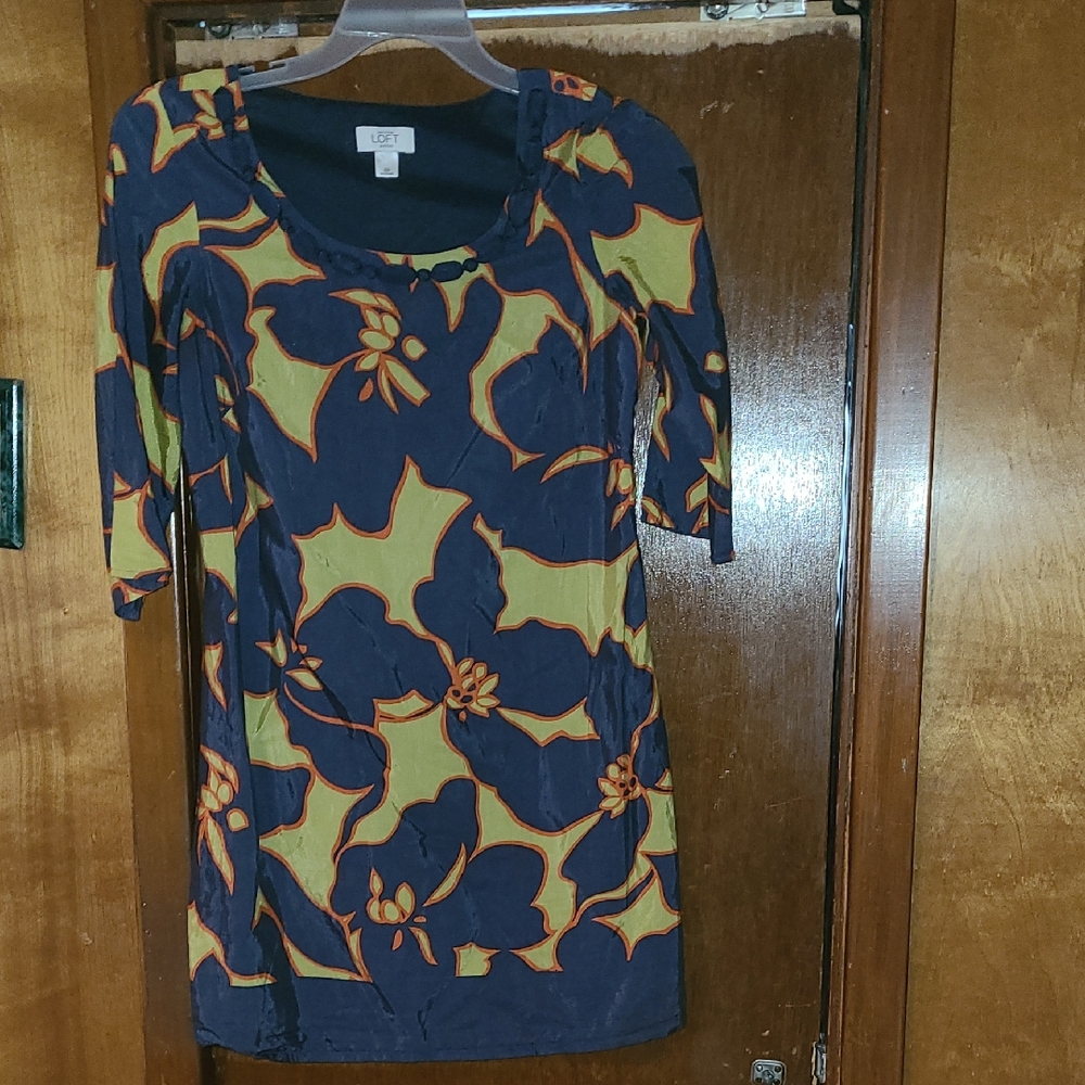 Loft Petite Floral Navy and Yellow Dress